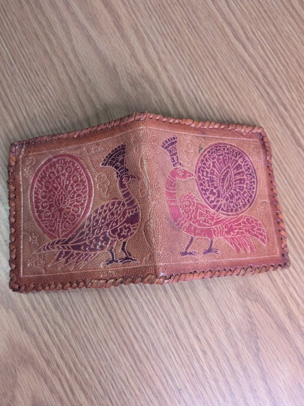 handmade embossed genuine leather bird pheasant peacock wallet wrapped edge